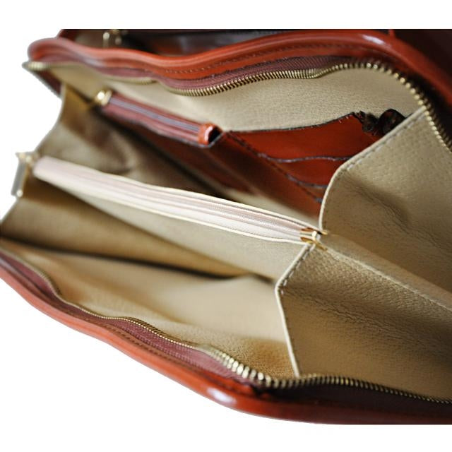 Inside of Pratesi Radica Range Leccio Single Compartment Leather Briefcase, Front Accordion Pocket