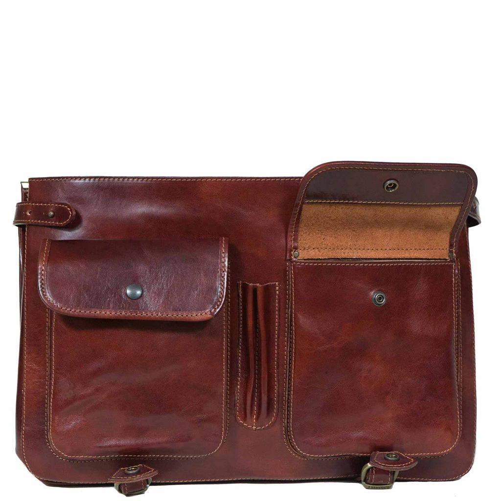 Front of I Medici Cartellone Indy Leather Briefcase Laptop Case, Opened