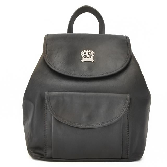 Pratesi Bruce Range Gaville Leather Backpack, Flap Over Pocket in Black