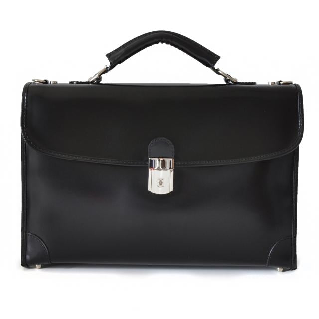 Pratesi Radica Range Leccio Single Compartment Leather Briefcase, Front Accordion Pocket in Black